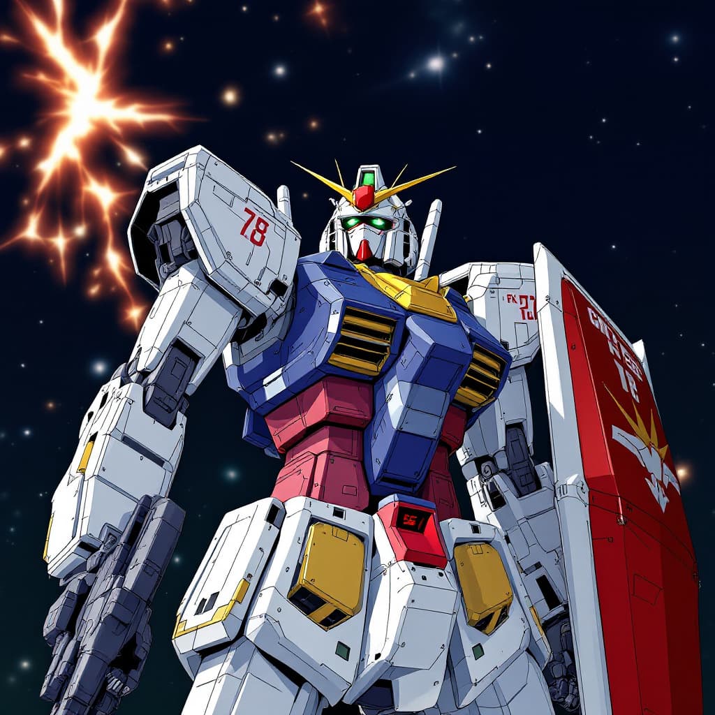 AI generated: illustration of RX-78-2 Gundam, with shield and weapon, in the style of Kunio Okawara, anime, Mobile...