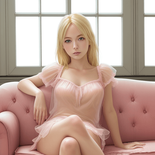 AI generated: High resolution photography beautiful blonde woman wearing pink sitting on a couch, in the style of ...