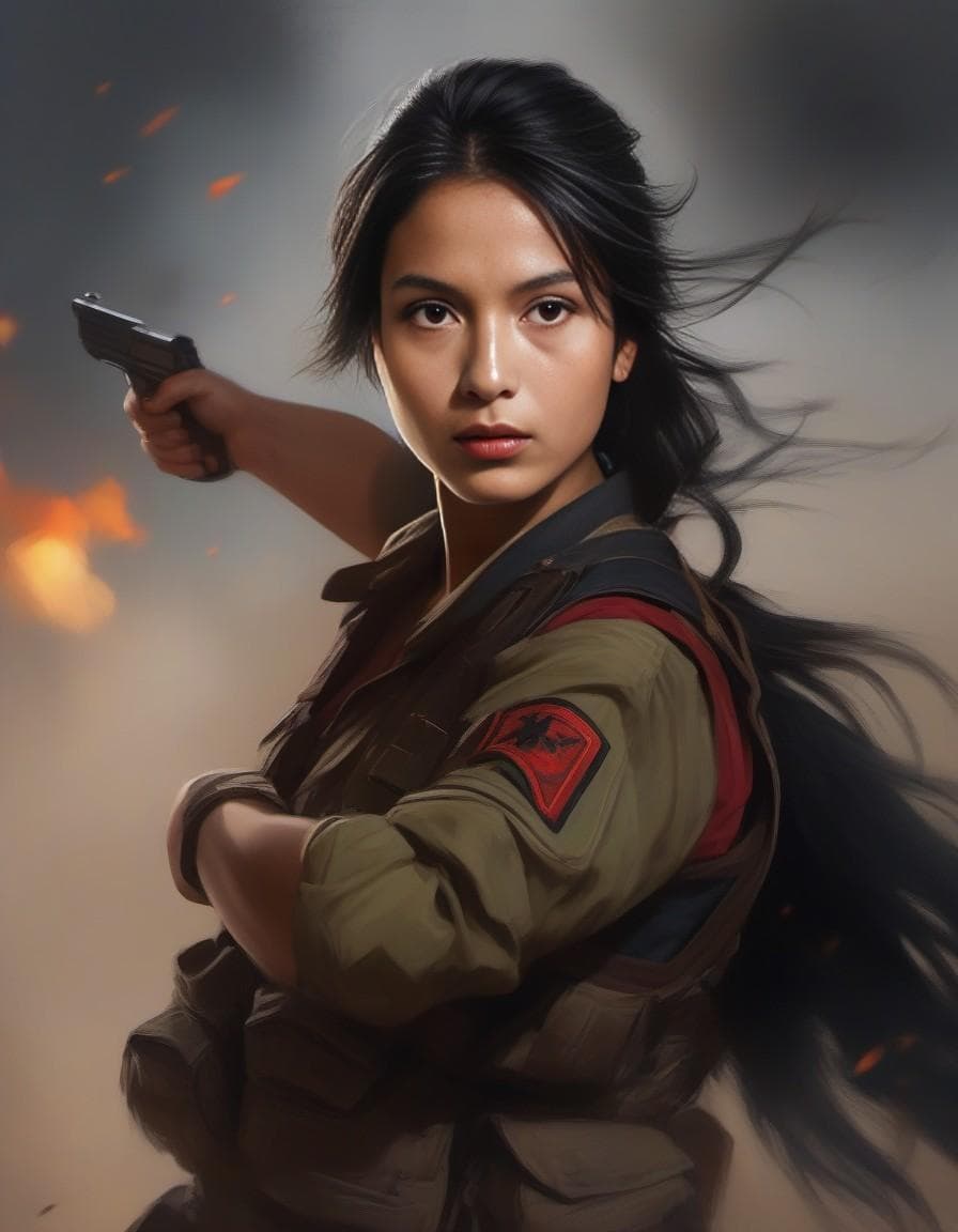 AI generated: Woman, flowing hair, flawless face, isolated, high quality, bloodstained hands, war ambiance, milita...
