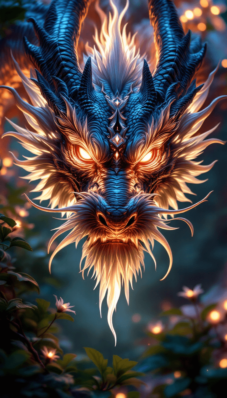 AI generated: A majestic Dragon face illuminated by the soft glow of luminescent plants, exuding an atmosphere of ...