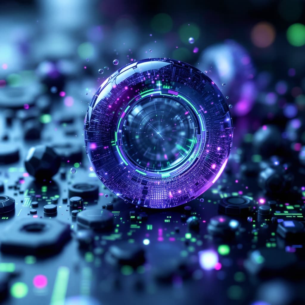 AI generated: futuristic, cyberpunk aesthetic, particles, big data, products , purple green accents, soft diffused...