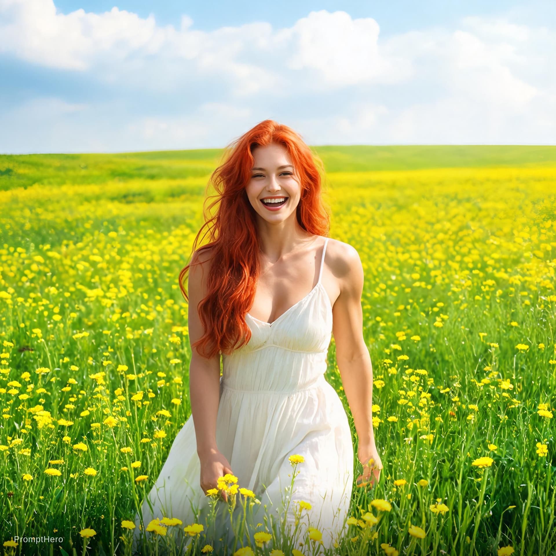 AI generated: A BEAUTIFUL FIELD OF GREEN GRASS AND SHORT YELLOW FLOWERS A BEAUTIFUL RED HAIRED WOMAN BIG  SMILE AT...