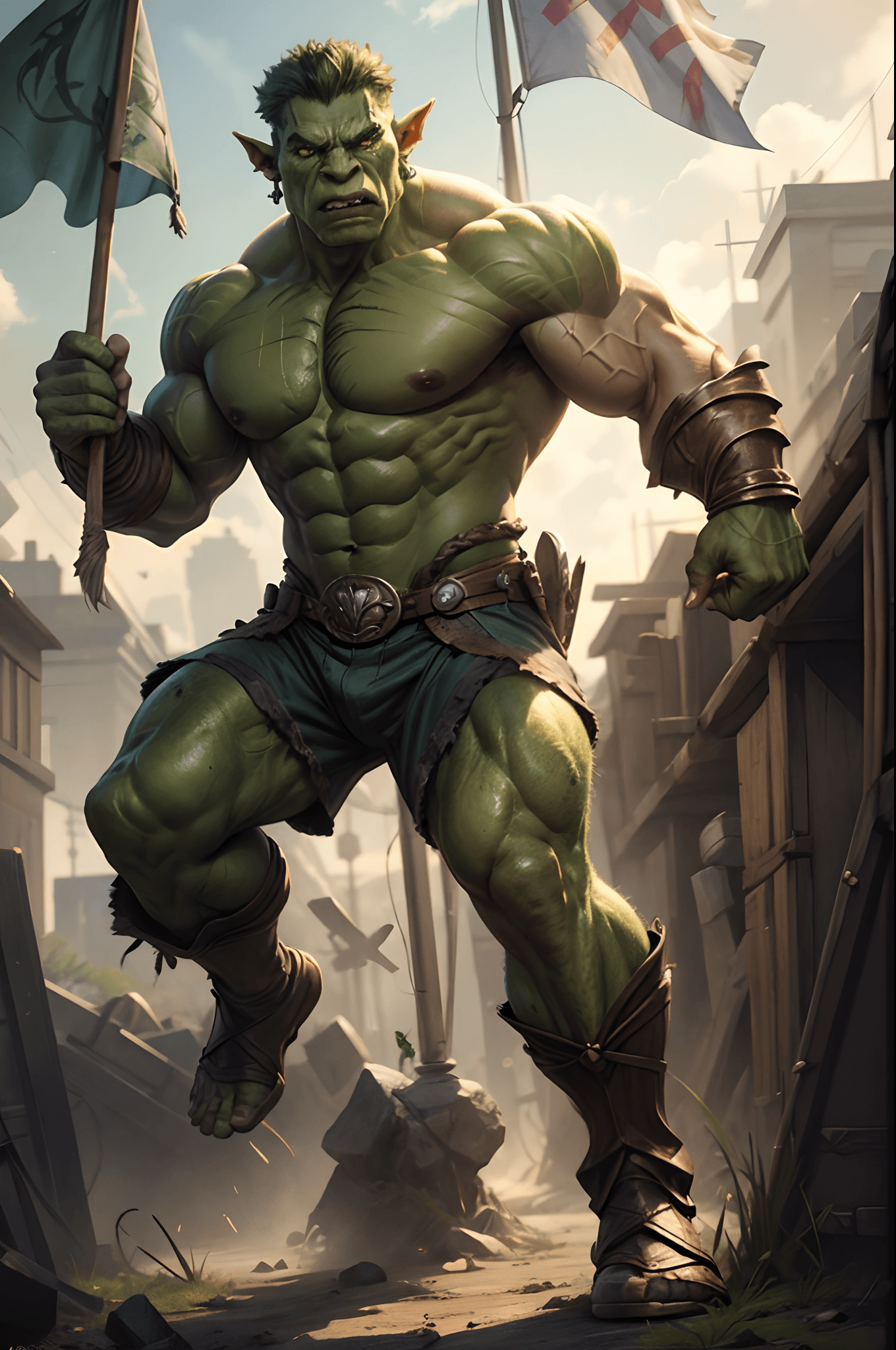 AI generated: masterpiece, concept art, centered, mid shot, a full body painting of a man in armor holding a flag,...