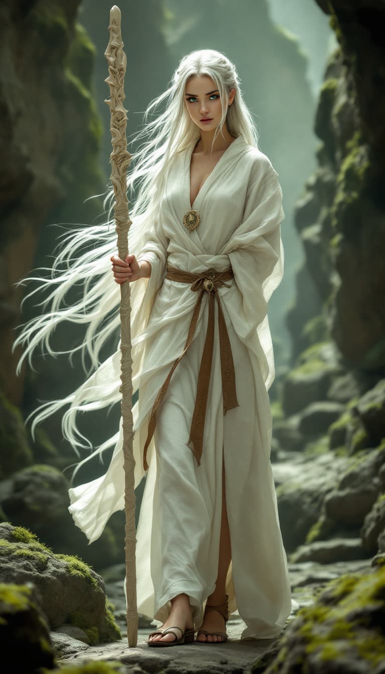 AI generated:  graceful female cleric projects an aura of confidence, her long limbs and flowing, snow-white tress...