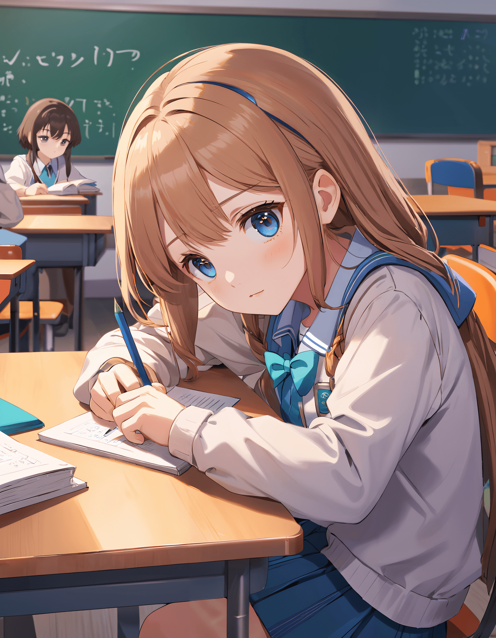 AI generated: Anime artwork, Weary eyed girl studying at a school desk. Darkened eyes, dark circles under eyes, ba...
