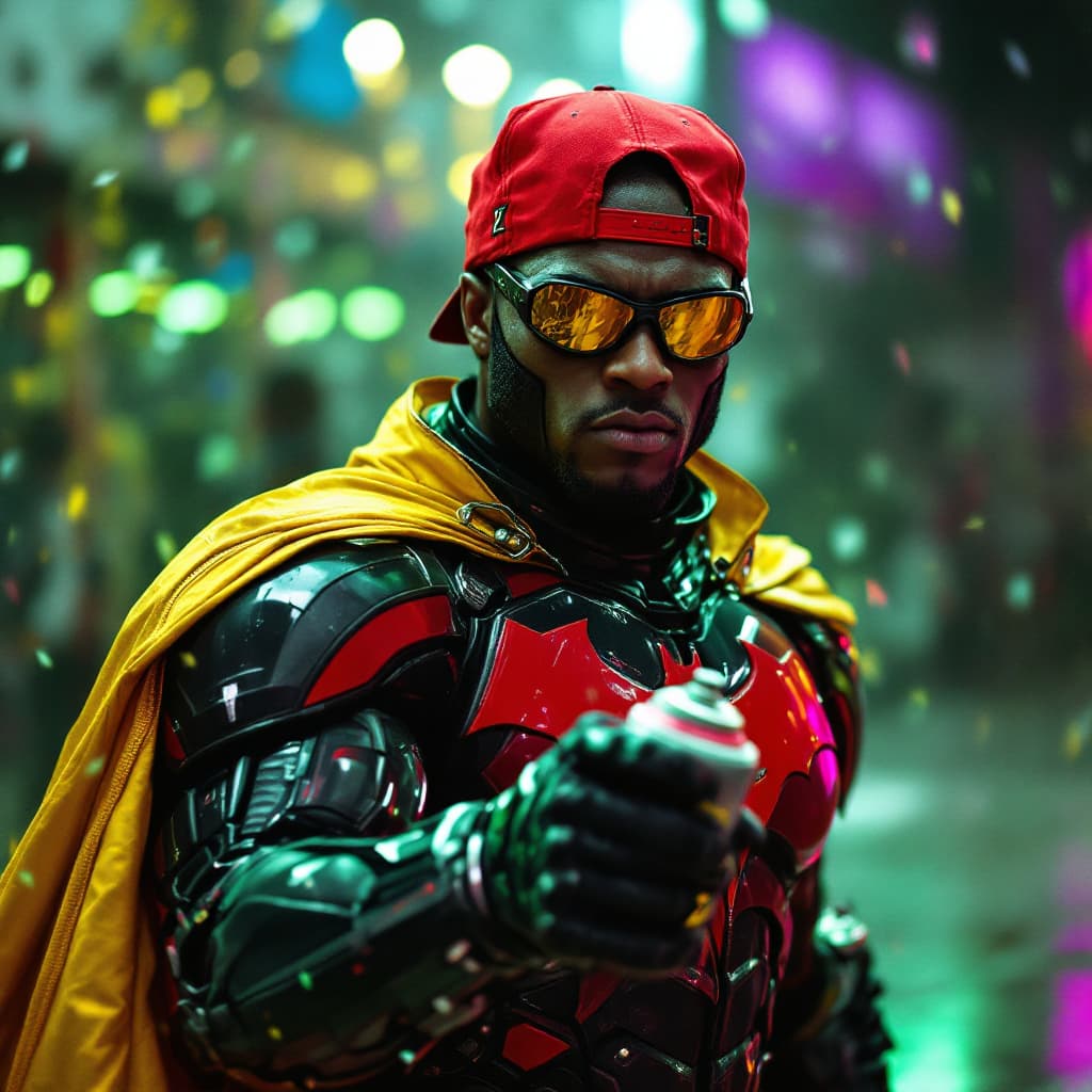AI generated: hyper real of A BLACKMAN in a red baseball cap backwards, yellow sunglasses, in a black and red dark...