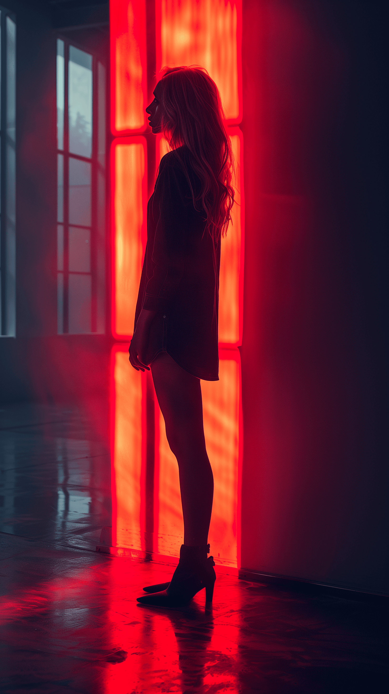 AI generated: photography, side view, dark moody, atmospheric scene where a woman model stands contemplatively, ca...