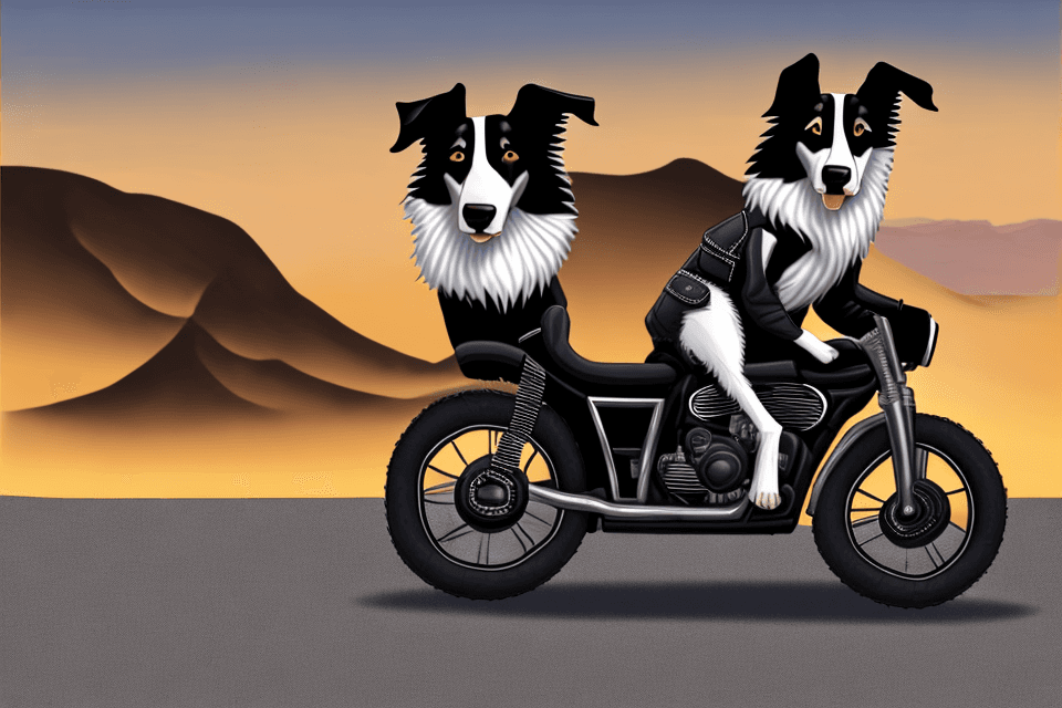 AI generated: An animated black and white border collie riding a motorcycle, dressed in black leather, wearing a b...