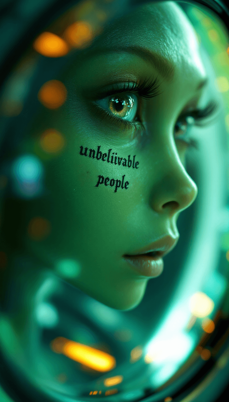 AI generated: Alien character macroview,ultrafetailed skin in light green,a warm and optimistic look from a UFO de...