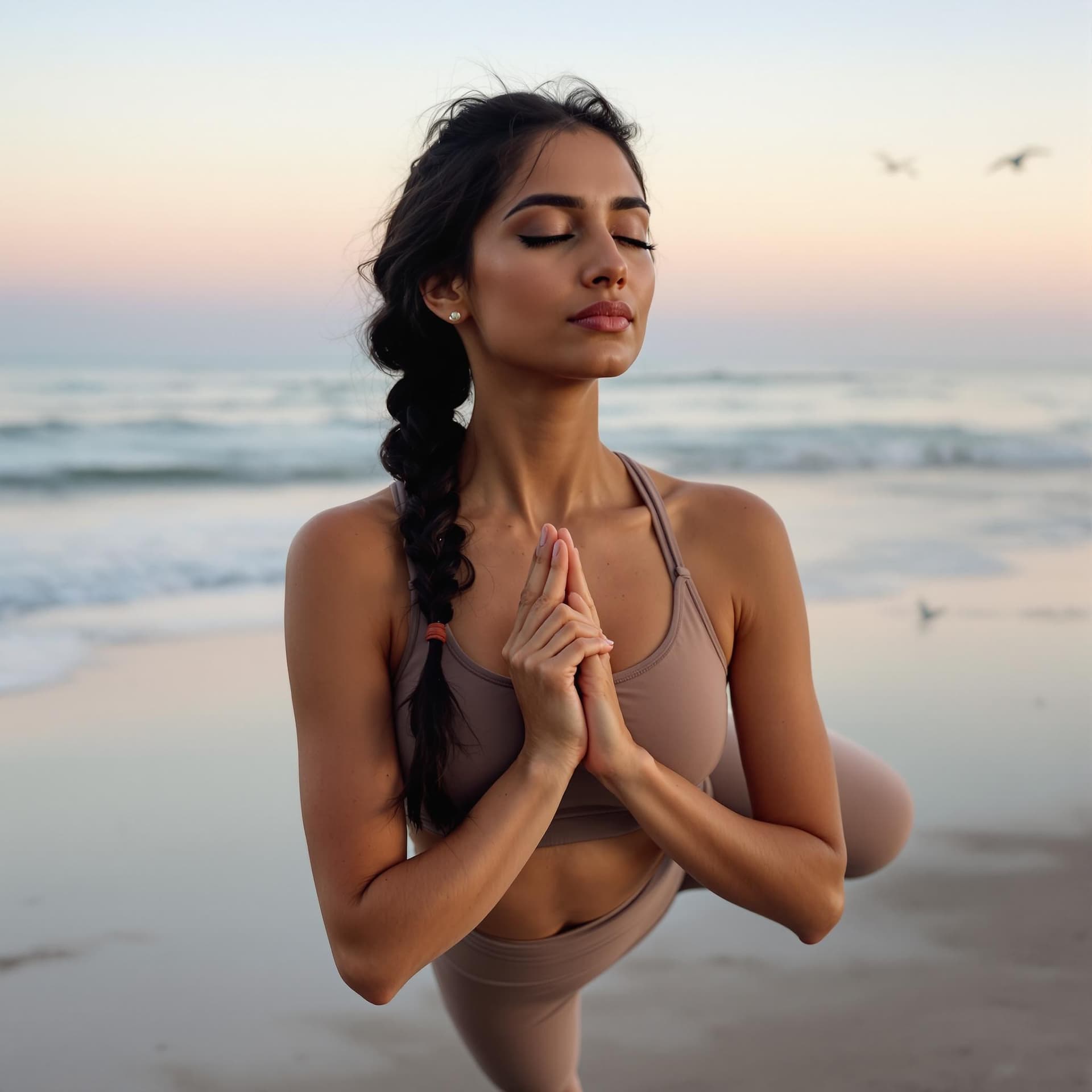 AI generated: A tranquil Indian yoga instructor in her early 40s demonstrates a challenging pose on a beach at sun...