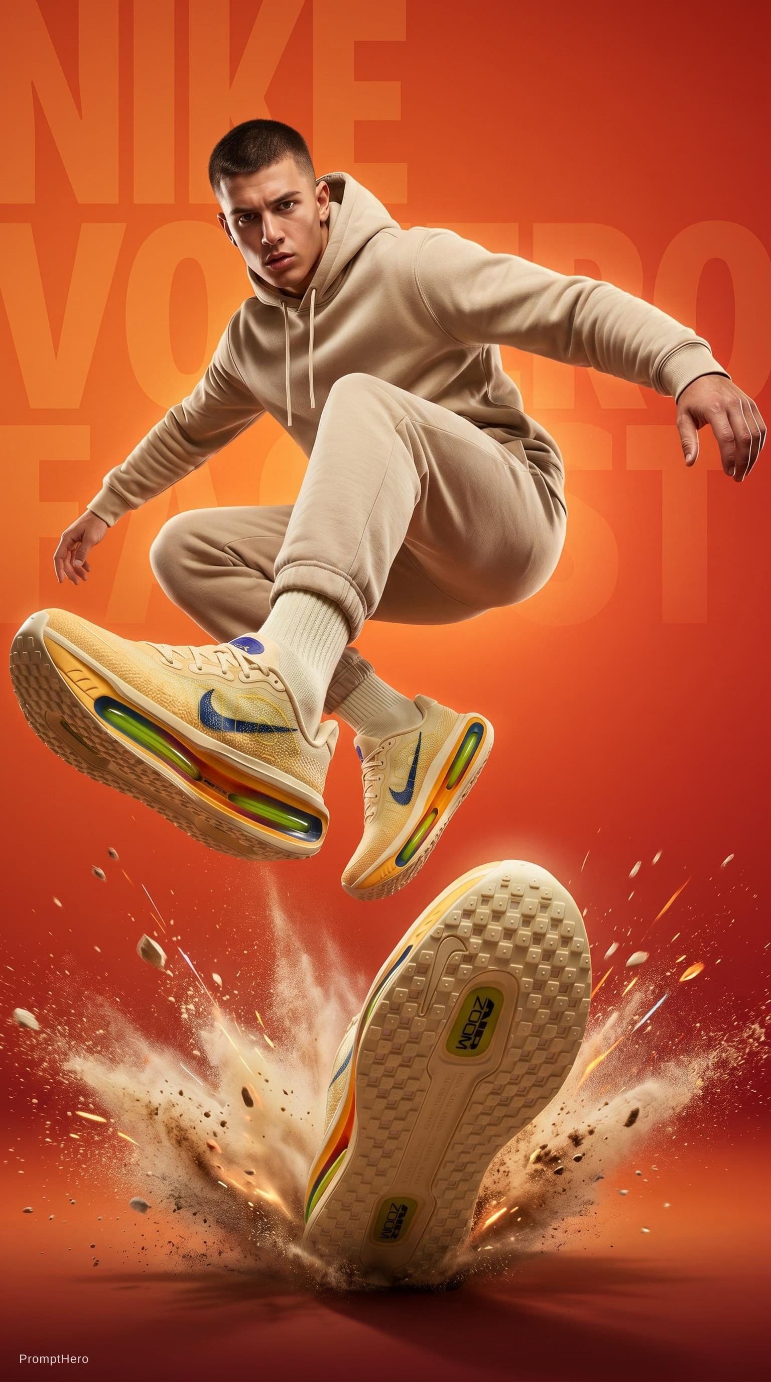 AI generated: A dynamic sportswear advertisement featuring a young athletic male model captured mid-air in an expl...