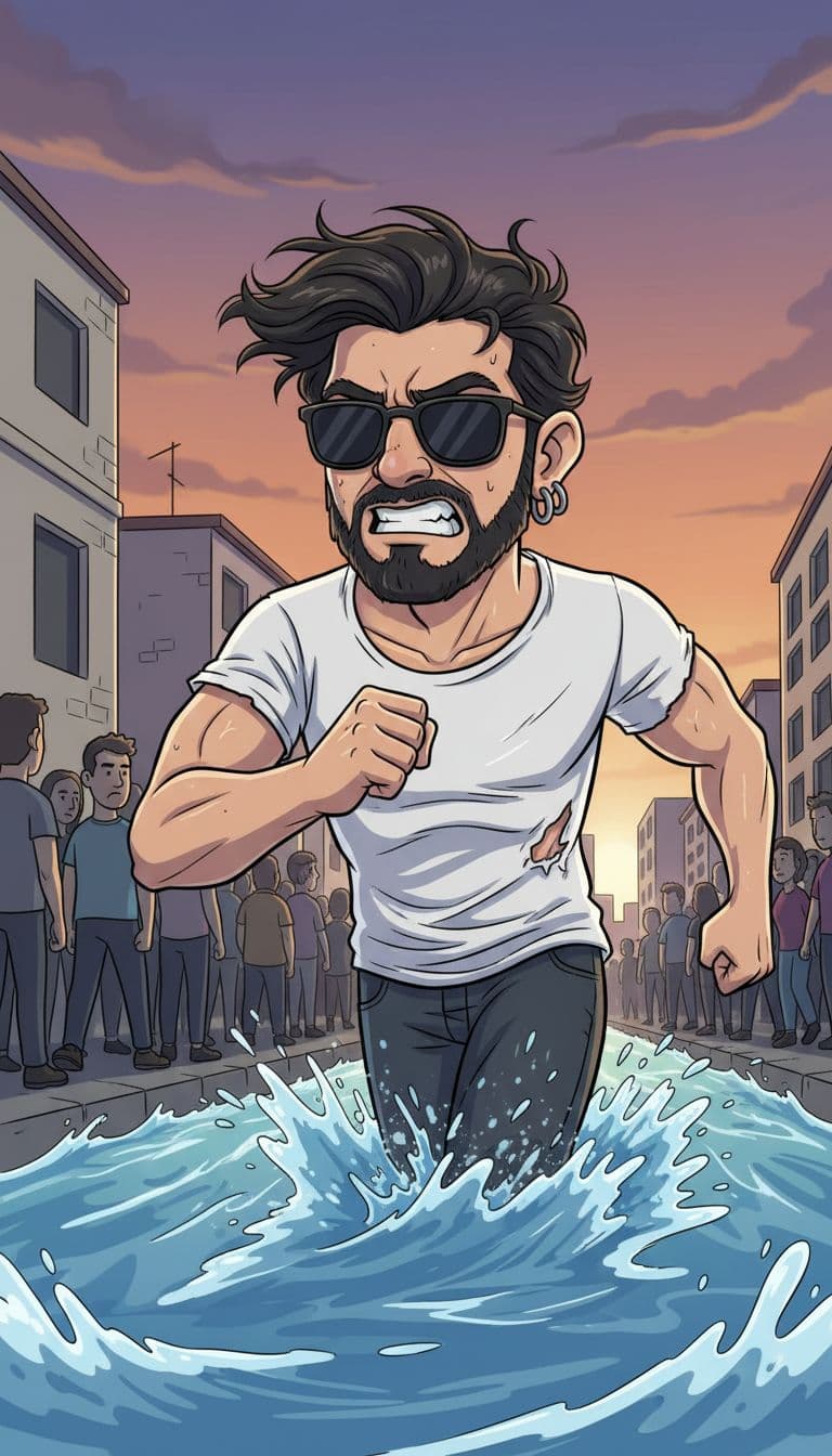 AI generated: Dame una imagen con en semi-realistic cartoon style. Dame al tipo de la foto corriendo en la direcci...