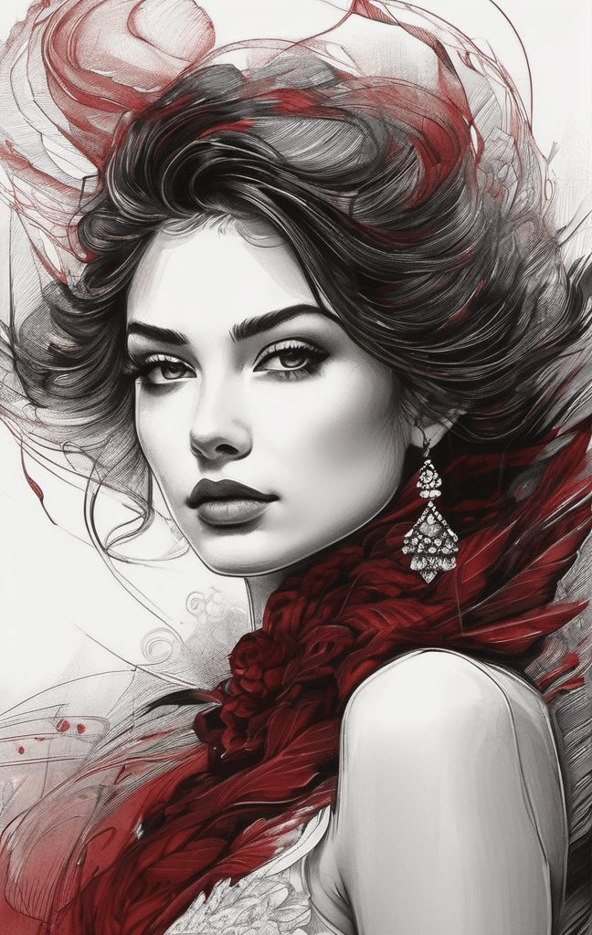 AI generated: portrait of a beautiful young lady, elegant, in the style of dark red and black, intricate details, ...
