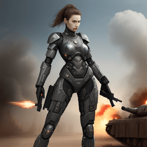 AI generated: Worrier woman in modern armored, with guns, war in background, full frontal body, people seeing her ...