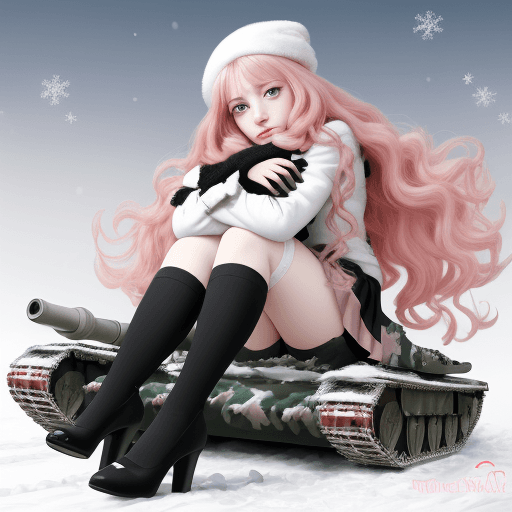 AI generated: Louise le Blan de La Vallière de Tristain, anime, sit on snowy camouflage riding tank and hug hersel...
