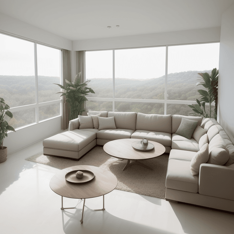 AI generated: The image depicts a spacious and well-lit living room with a contemporary design. It features a larg...