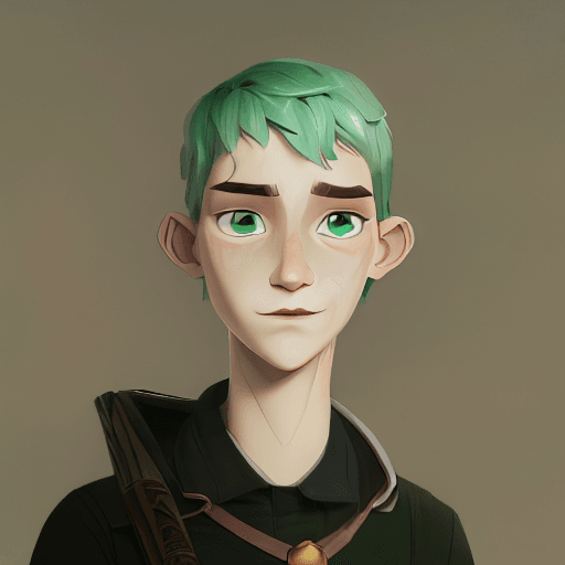 AI generated: young white man, elf, fae, very long elf ears, alabaster skin, ebony black hair, gold-flecked green ...