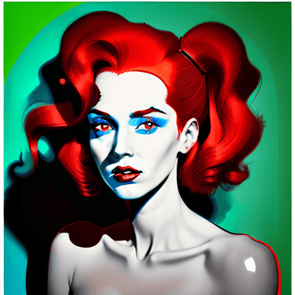 AI generated: portrait of a woman with deep red hair, in the style of Andy Warhol and Richard Avedon, combining th...