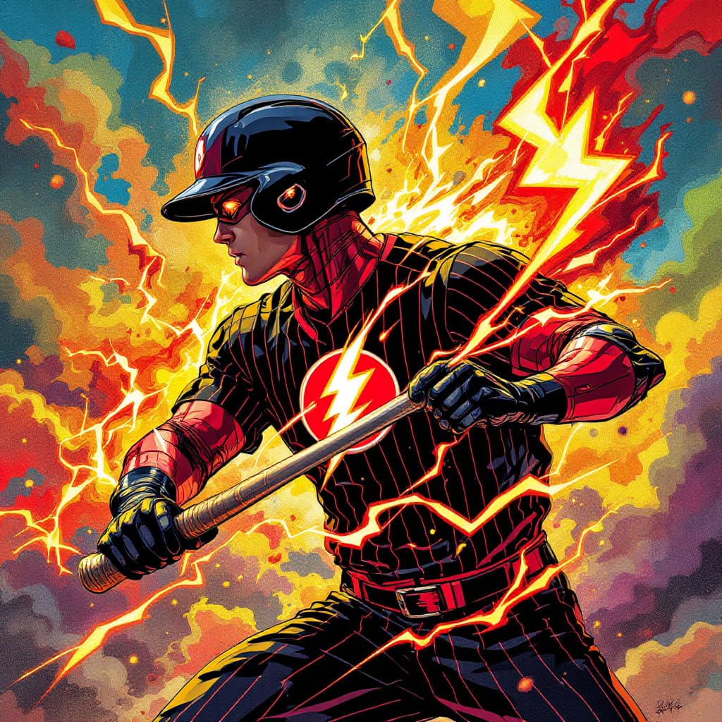 AI generated: an illustration of a flash gordon with a black baseball helmet and black pinstripe shirt with a ligh...