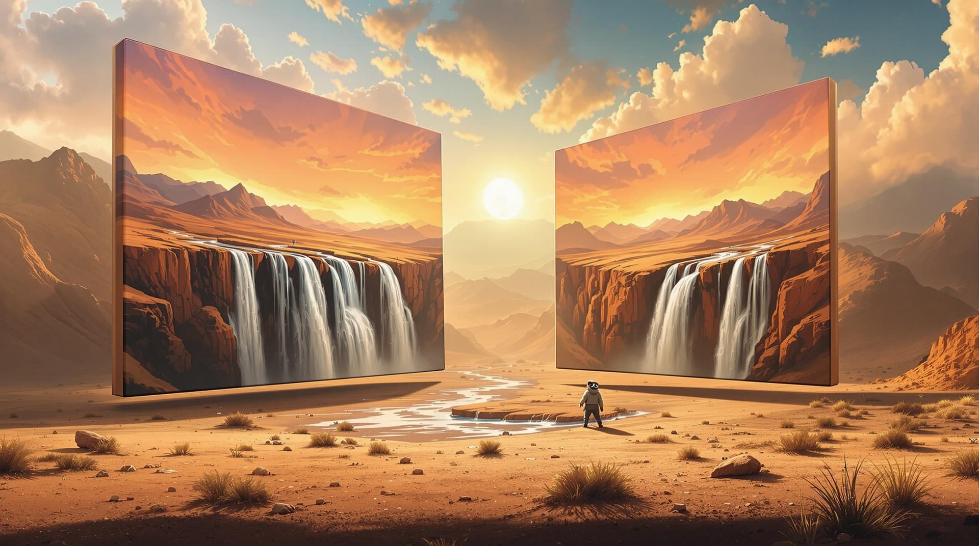 AI generated:   Hyperrealistic surrealist artwork, strong hard light, desert landscape with mountains merging with...