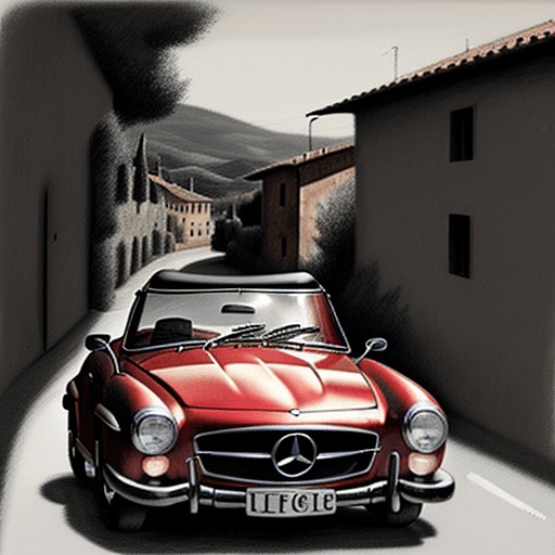 AI generated: charcoal drawing red Mercedes 190 SL, little road in tuscany