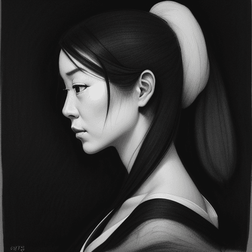 AI generated:  a black and white charcoal drawing of a beautiful Japanese woman, side view, in the style of a char...