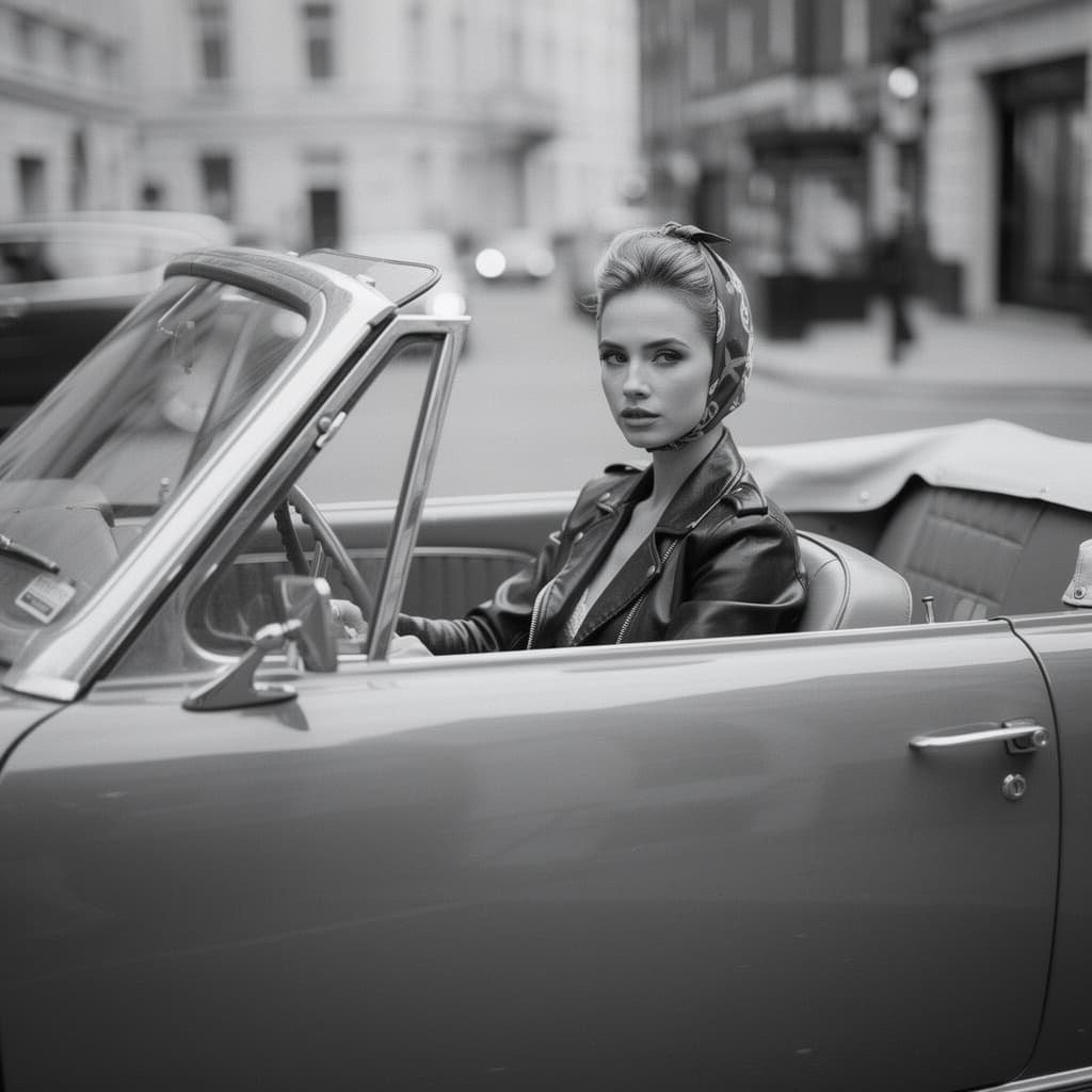 AI generated: Black and white street photography of an attractive woman in leather jacket with headscarf sitting i...