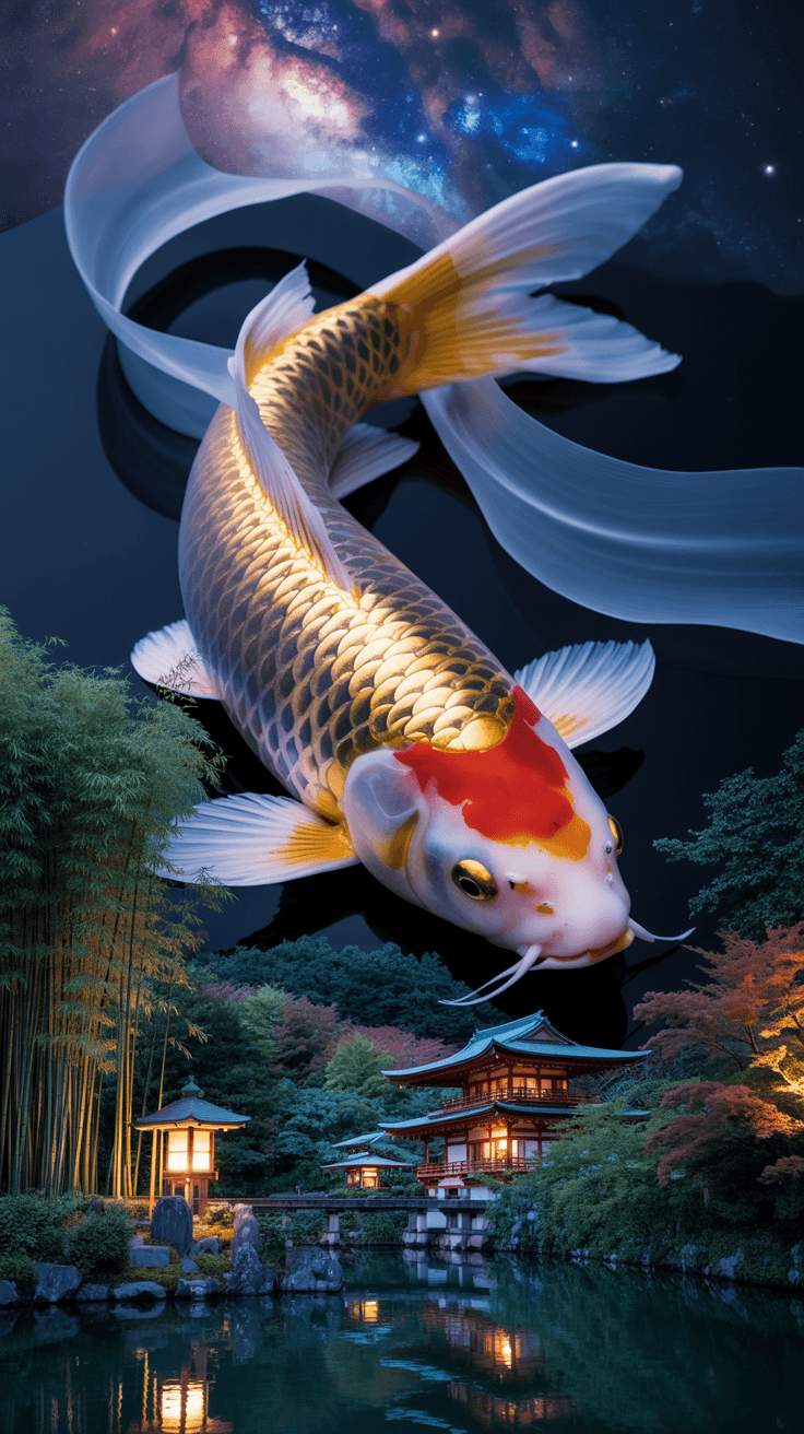 AI generated: surreal japanese landscape, giant floating koi fish, glowing lanterns, mystical night sky, anime aes...