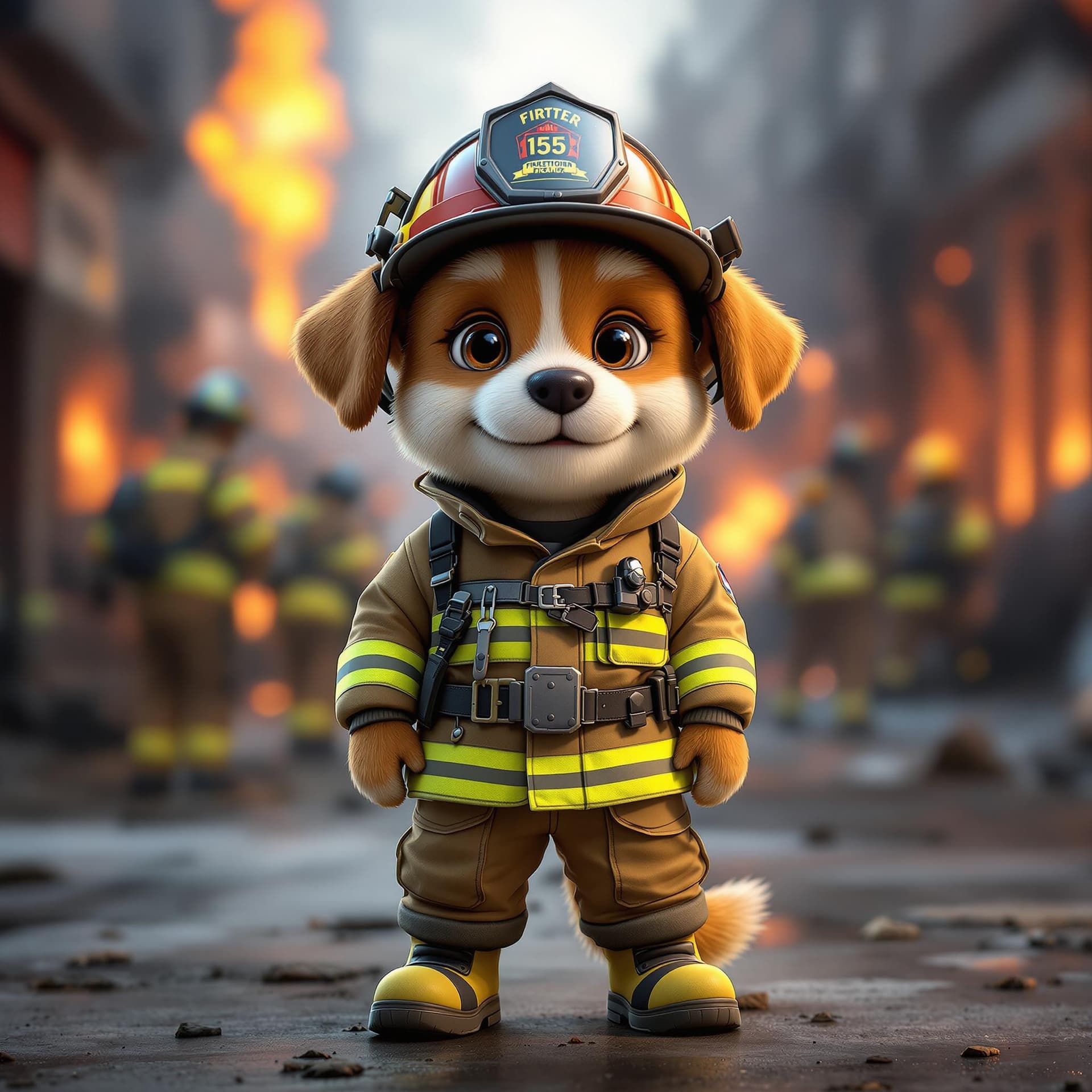 AI generated: A cute firefighter dog standing like a person, dressed in a protective helmet, a durable firefighter...