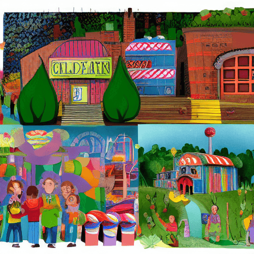 AI generated: Children's book illustration of Willy Wonka's candy factory in a naturalistic collage style. 