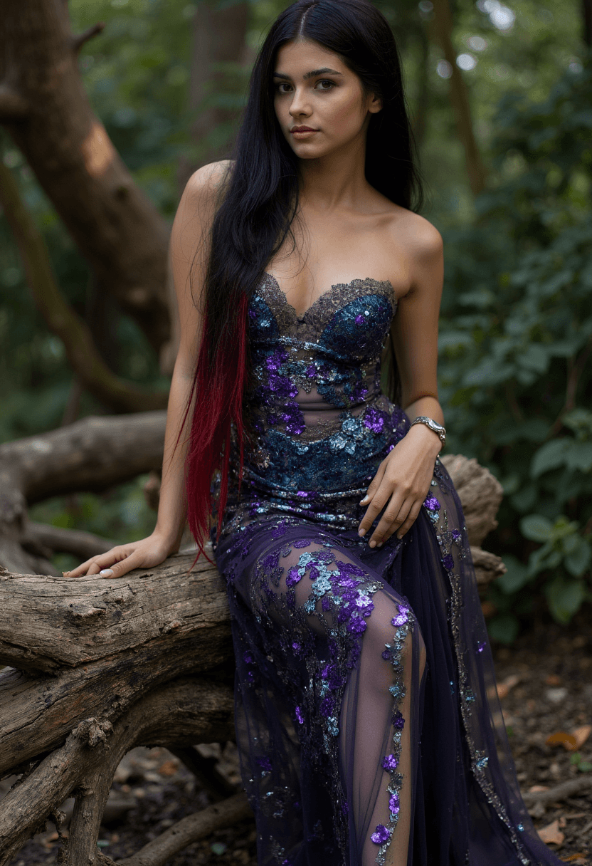 AI generated: A stunning young woman stands poised in a serene natural setting â her long black hair with vibran...