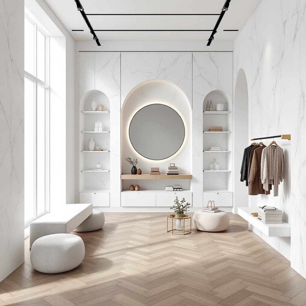 AI generated: Minimalist boutique featuring white marble walls, oak herringbone flooring, [floating racks] display...
