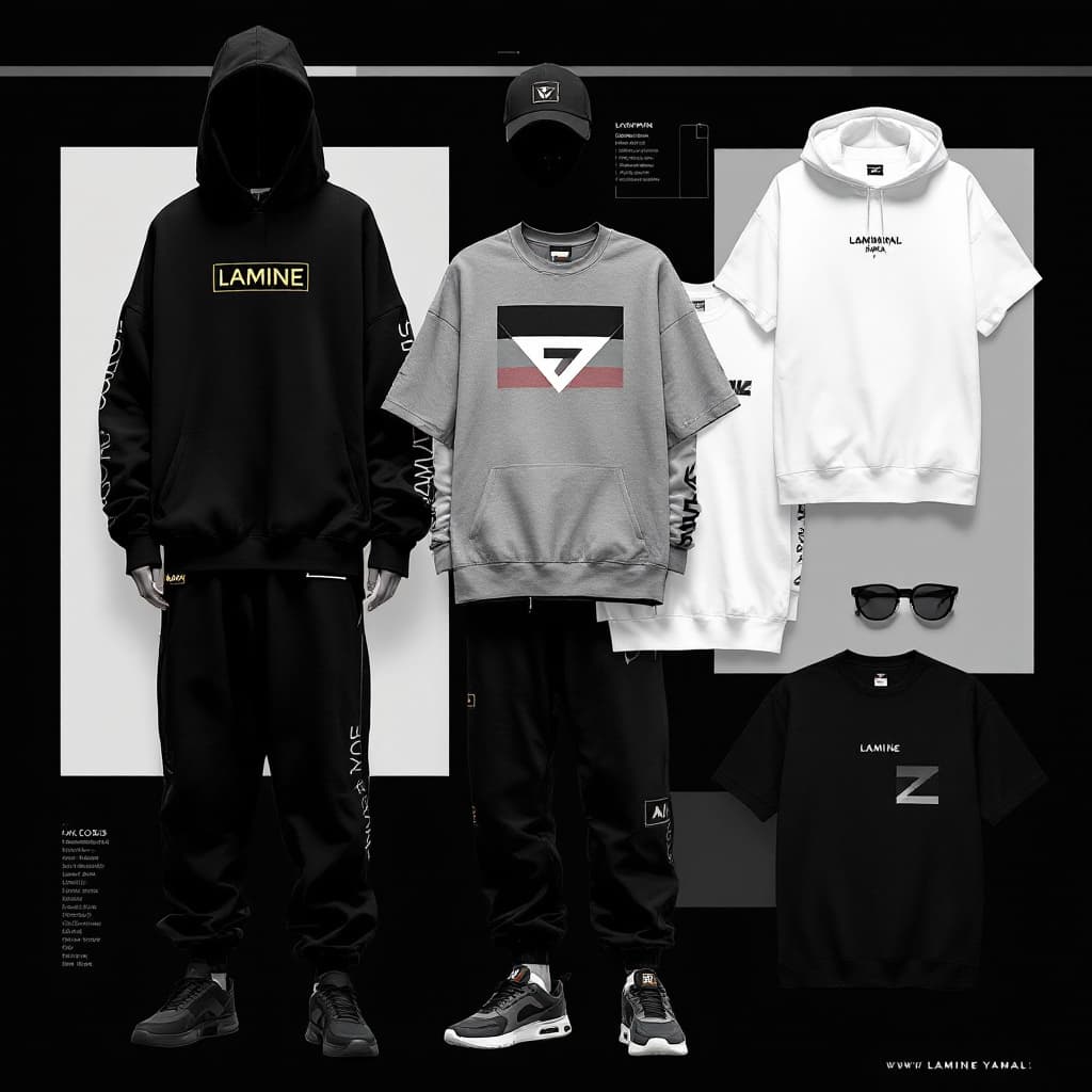 AI generated: moodboard of a new exclusive line of clothing and accessories with Lamine Yamal for european boys an...