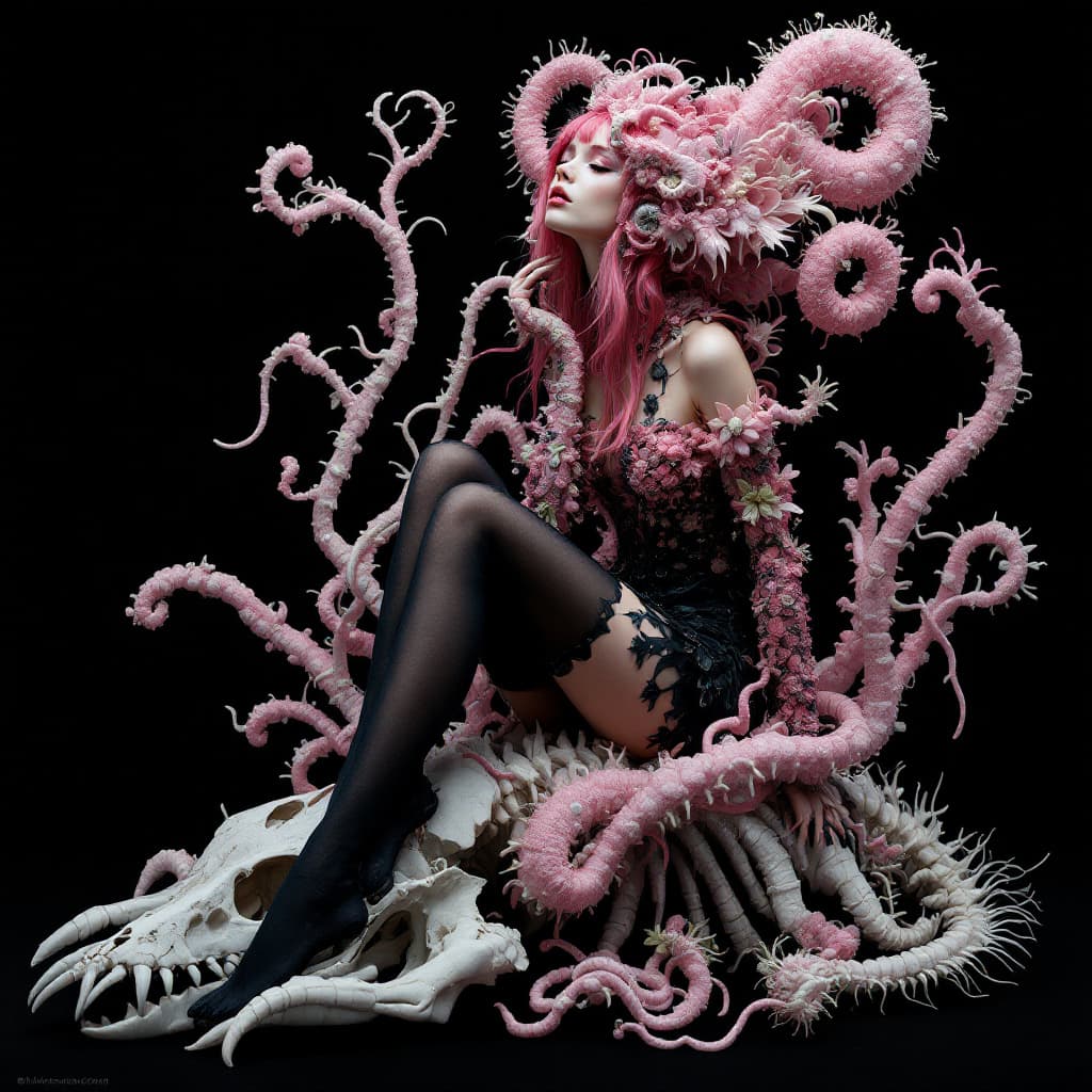 AI generated: Snapshot of amorphous creatures inSnapshot of amorphous creatures in haute couture that are a hybrid...