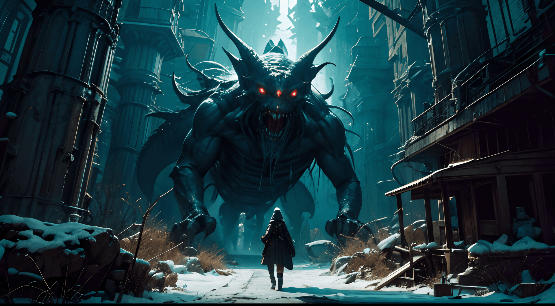 AI generated: Innsmouth, Coastal, Decaying architecture, Uncanny horror, Fish-like inhabitants, Cosmic horrors, Ma...