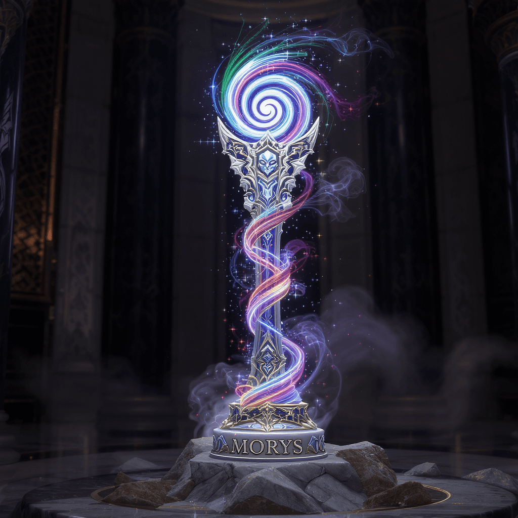 AI generated: A sapphire and marble MORYS inscribed statue featuring luminous, graphic rainbow spiral color magic,...