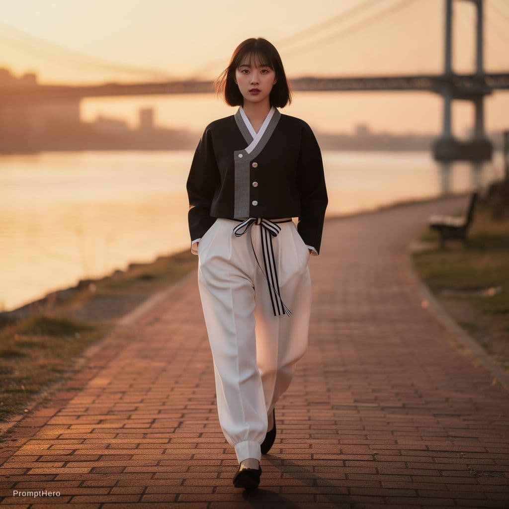 AI generated: ultra-realistic view photo of a Korean female model in 2026 Seoul Korea. Long shadows at the sunset ...