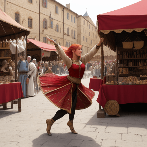 AI generated: A high resolution photo of a red haired female middle eastern dancer performing s for a group of peo...