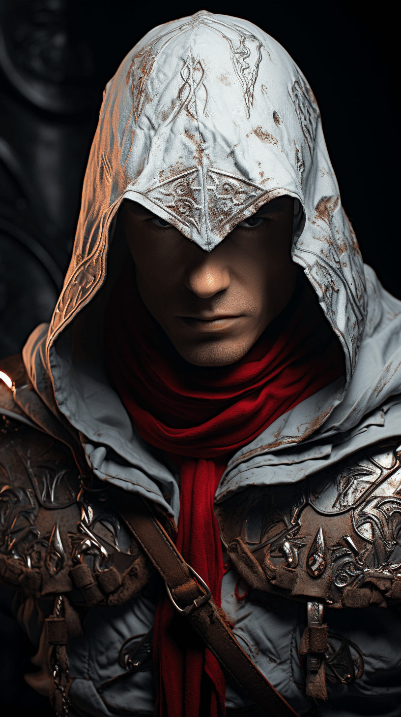 AI generated: assassin's creed video games, in the style of dark white and light maroon, exaggerated facial featur...