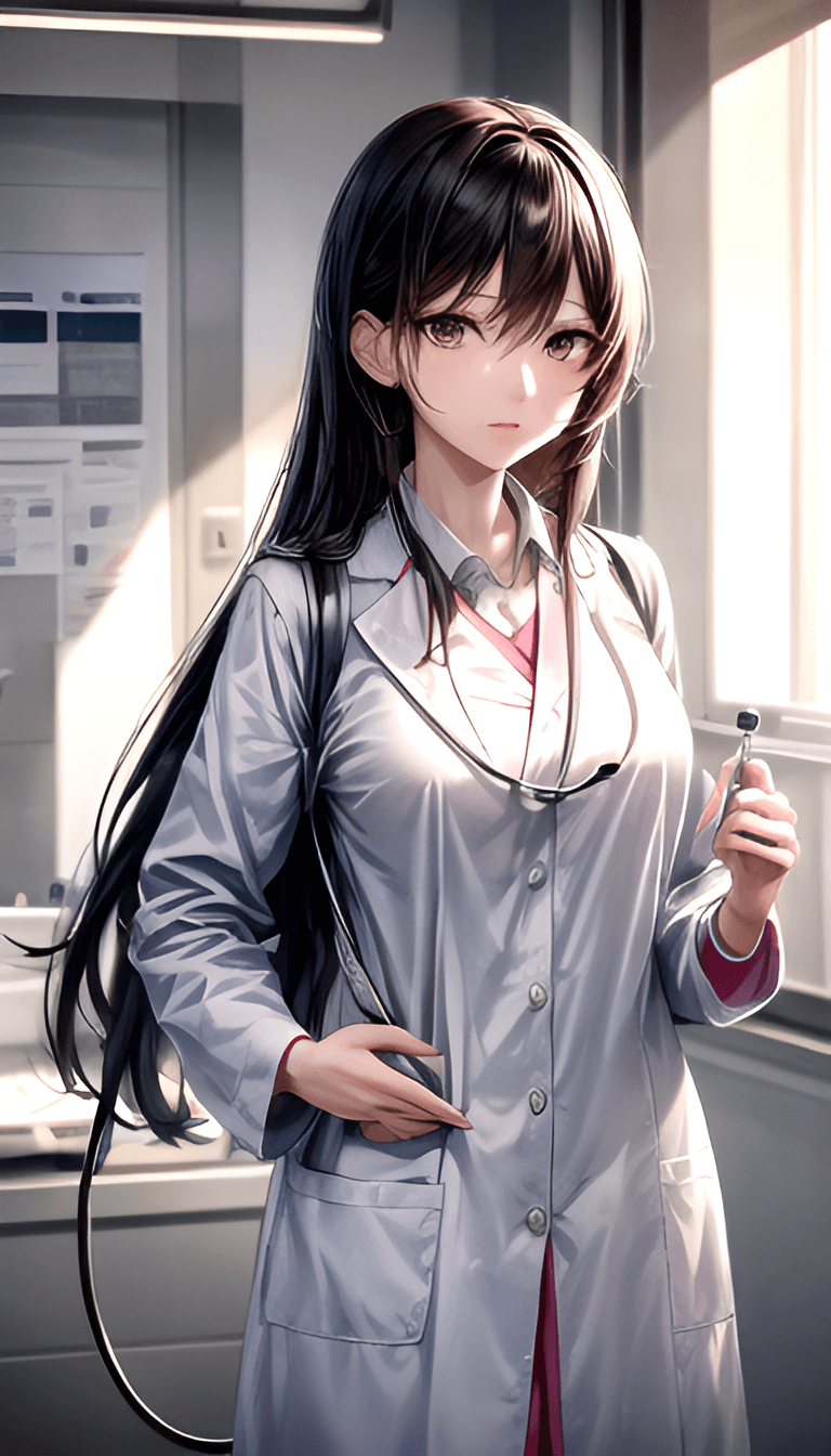 AI generated: An anime girl doctor working at a hospital, stethoscope around neck, standing with medical equipment...