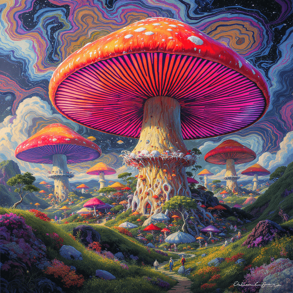 AI generated: psychedelic, surreal. a highly detailed picture of a land far away with huge colored mushrooms with ...