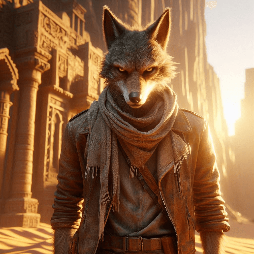 AI generated: Close-up professional cinematic 3D animation of a coyote man with intense eyes, wearing a weathered ...