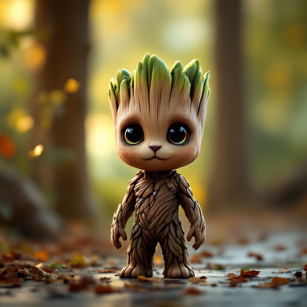 AI generated: cat head anthropomorphic humanoid body, movie poster, marvel little cute Groot character, high detai...