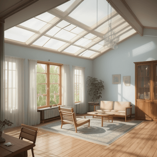 AI generated: High resolution photography interior design, wooden floor, small windows opening onto the garden, ba...