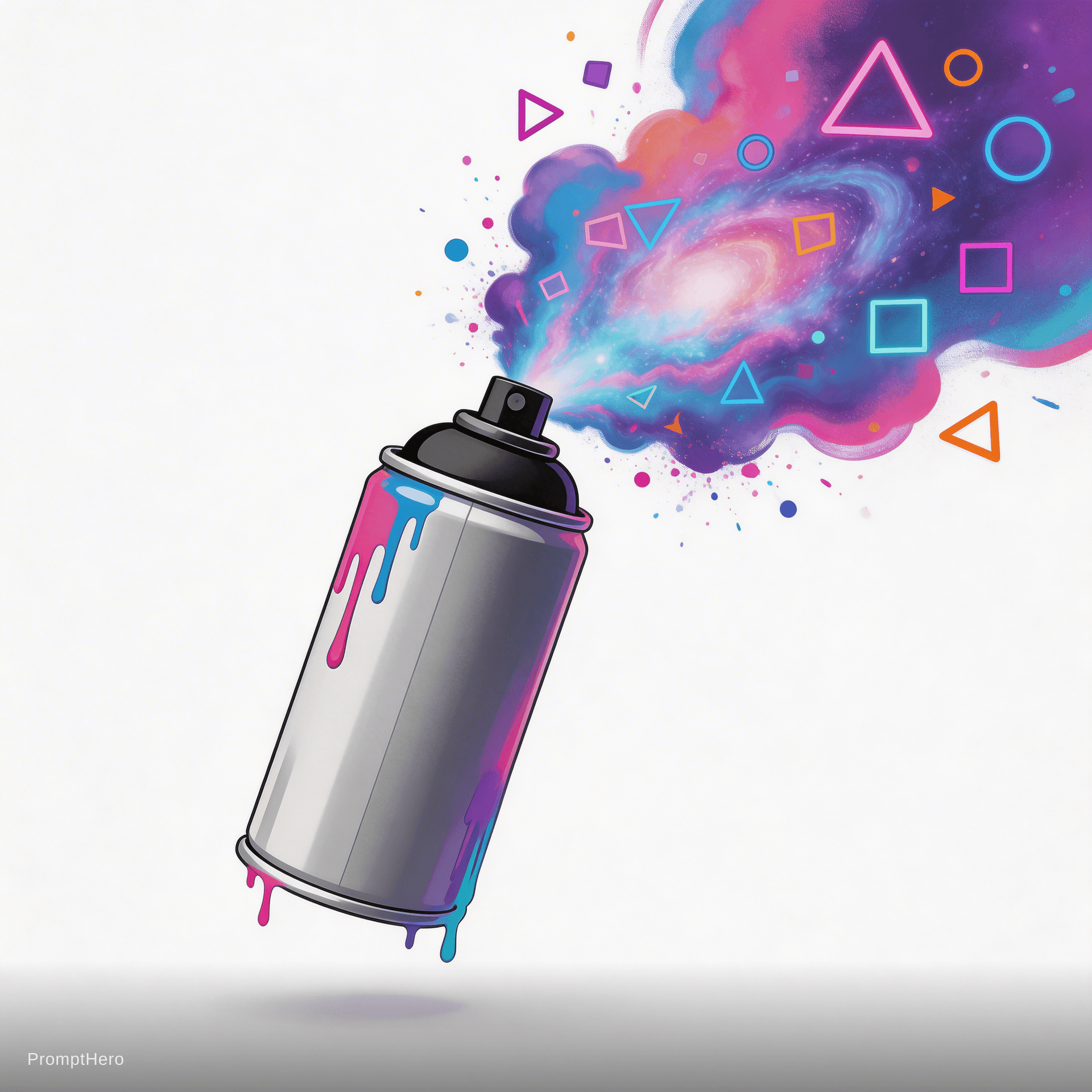 AI generated: A floating spray paint can exploding with colorful nebula clouds and abstract geometric shapes, stre...