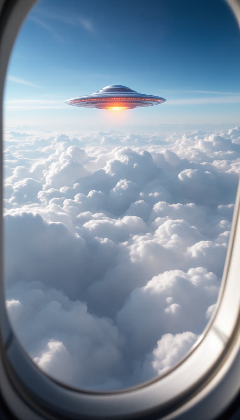 AI generated: white clouds and a UFO can be seen from the plane window