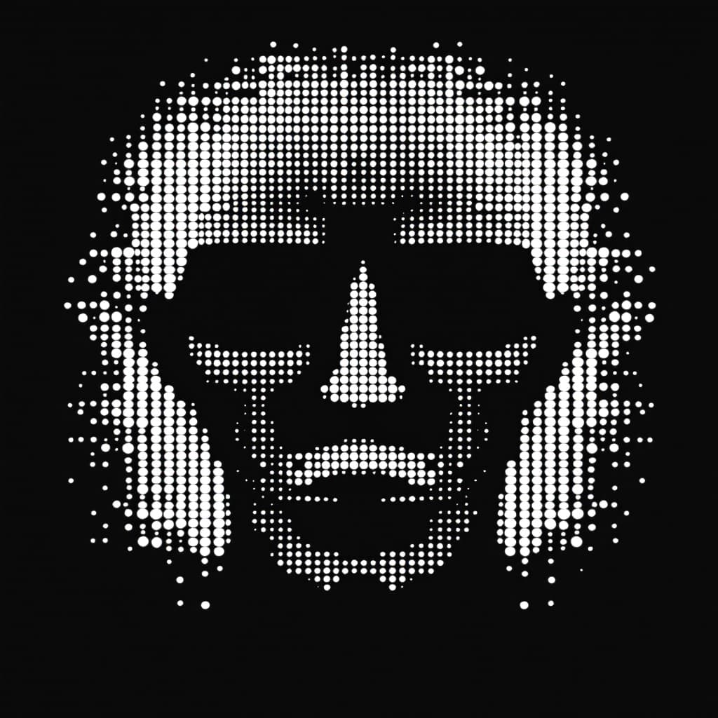 AI generated: a simple white dotted dots forming the shape of an man face, flat design, vector illustration, on bl...