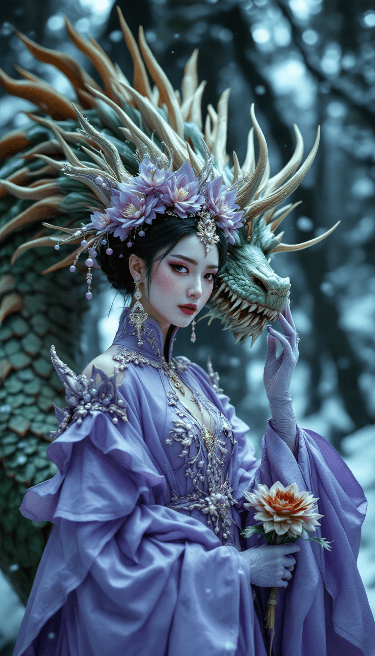 AI generated: candid closeup photo of an eccentric traditional lotus queen, standing next to a gigantic real green...