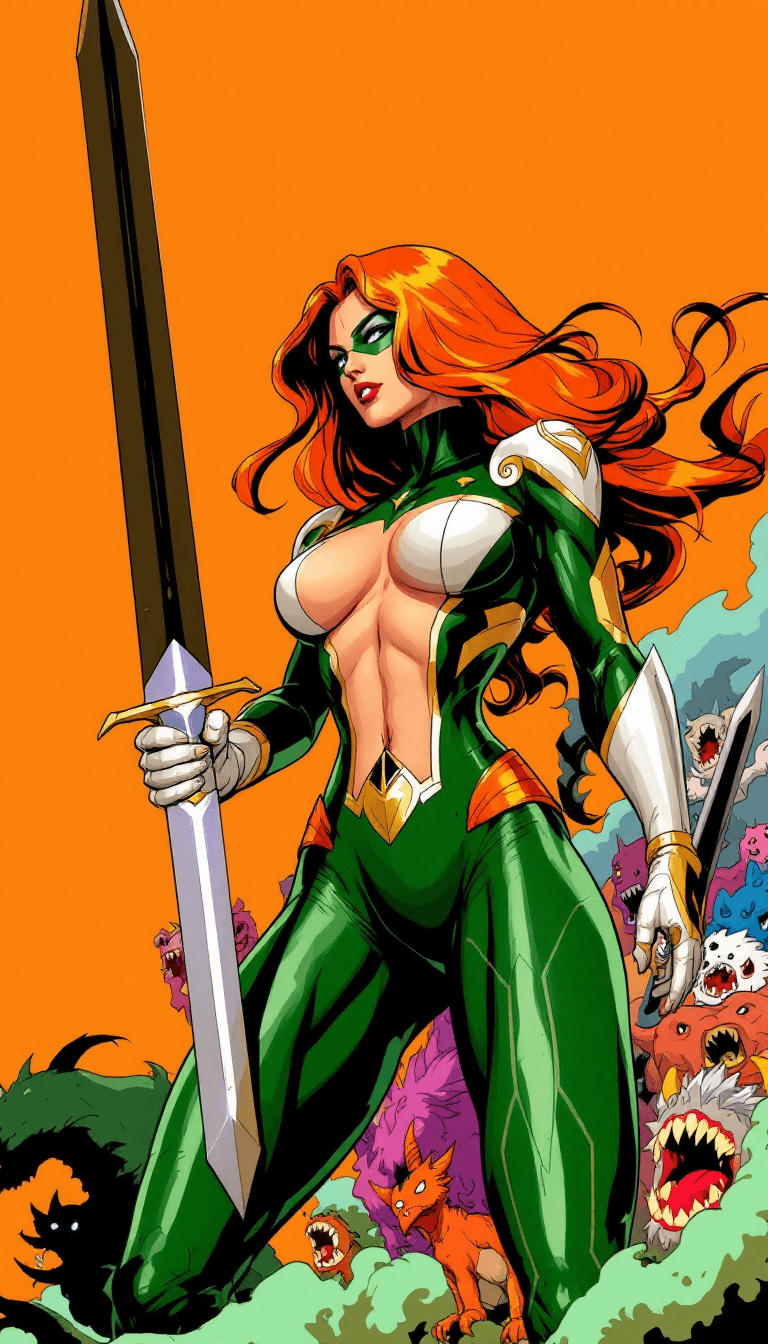 AI generated: The image is an illustration of a female superhero with long orange hair. She is wearing a green and...