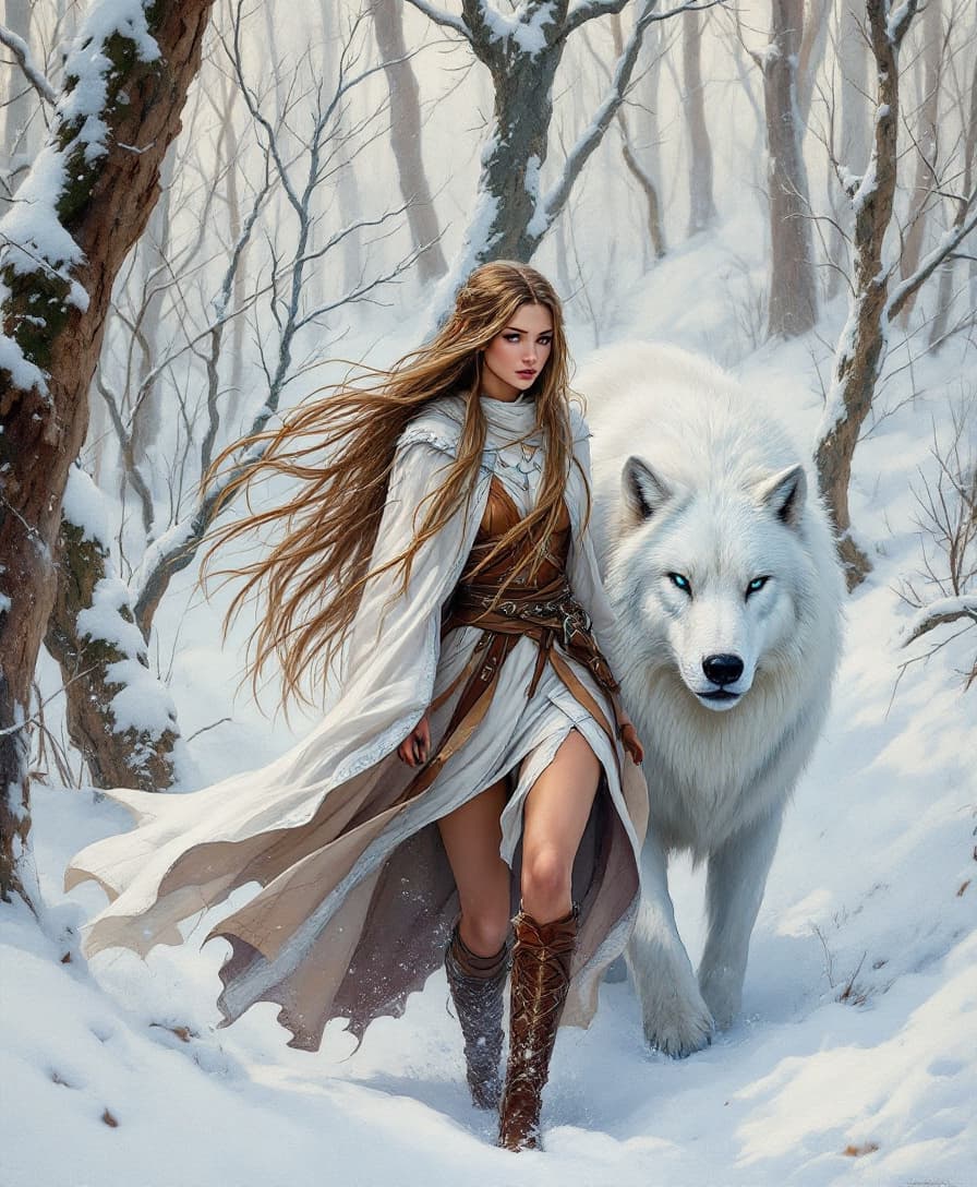 AI generated: Pintura artística a óleo Uma guerreira ruiva com cabelos longos com tranças, veste uma roupa de cour...